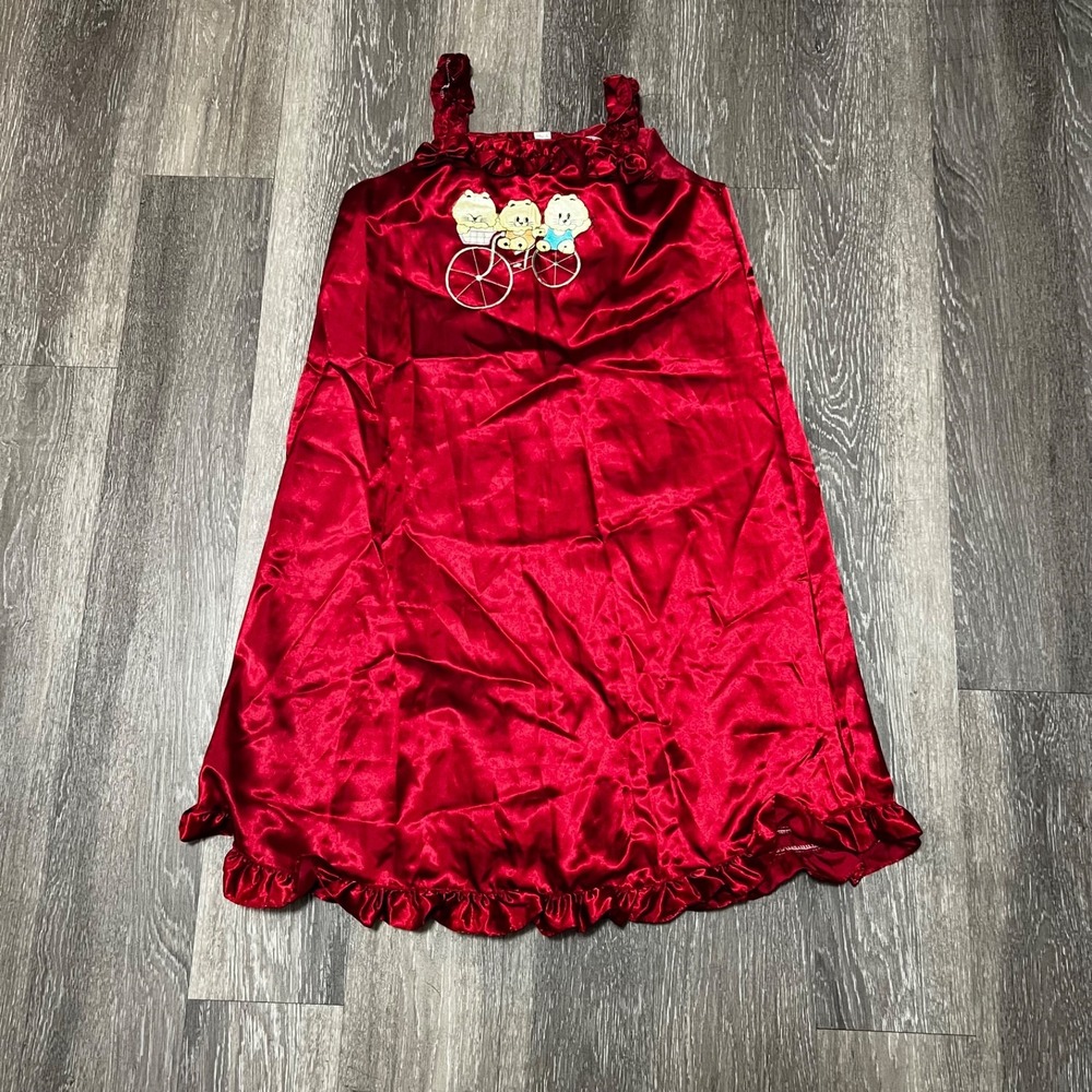 Vintage Red Satin Nightgown Slip Dress Womens One Size Lingerie Ruffle Hem Cute